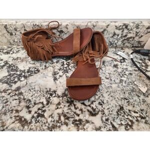 MIA Brown Suede Fringe Lace Up Ankle Wrap Flat Sandals Womens 9M Boho Western